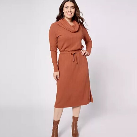 AnyBody Regular Rib Knit Cowl-Neck Dress Maple SmallA623540 - Picture 1 of 3